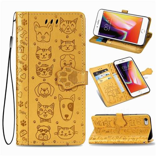 Embossing Dog Paw Kitten and Puppy Leather Wallet Case for iPhone 6s 6 6G(4.7 inch) - Yellow