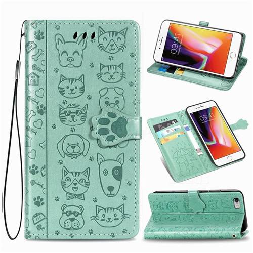 Embossing Dog Paw Kitten and Puppy Leather Wallet Case for iPhone 6s 6 6G(4.7 inch) - Green