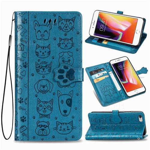 Embossing Dog Paw Kitten and Puppy Leather Wallet Case for iPhone 6s 6 6G(4.7 inch) - Blue