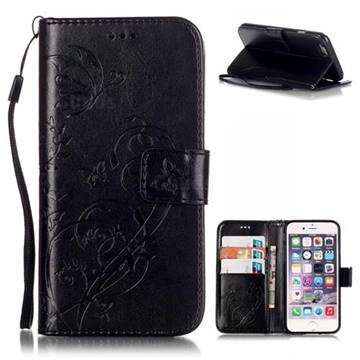 Embossing Butterfly Flower Leather Wallet Case for iPhone 6s Plus / iPhone 6 Plus (5.5 inch) - Black