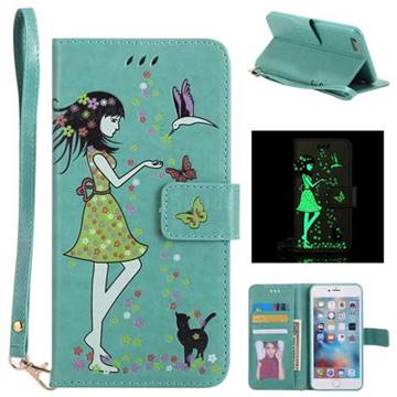 Luminous Flower Girl Cat Leather Wallet Case for iPhone 6s Plus / 6 Plus 6P(5.5 inch) - Green
