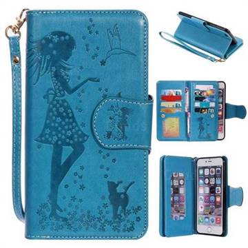 Embossing Cat Girl 9 Card Leather Wallet Case for iPhone 6s Plus / 6 Plus 6P(5.5 inch) - Blue