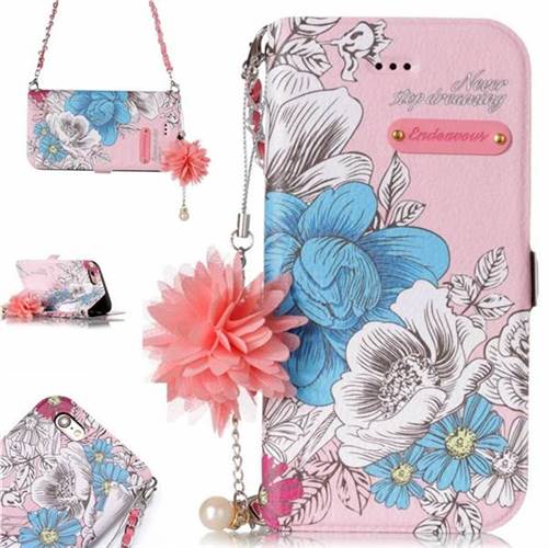 Pink Blue Rose Endeavour Florid Pearl Flower Pendant Metal Strap PU Leather Wallet Case for iPhone 6s Plus / 6 Plus 6P(5.5 inch)