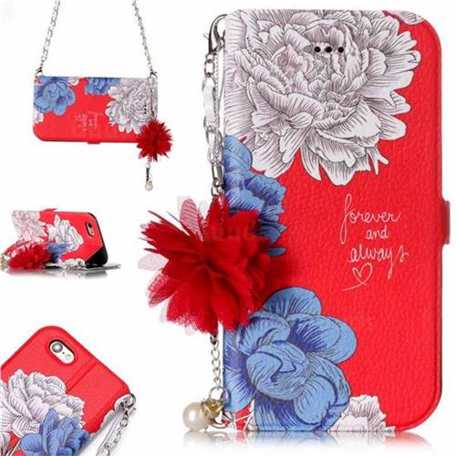 Red Chrysanthemum Endeavour Florid Pearl Flower Pendant Metal Strap PU Leather Wallet Case for iPhone 6s Plus / 6 Plus 6P(5.5 inch)