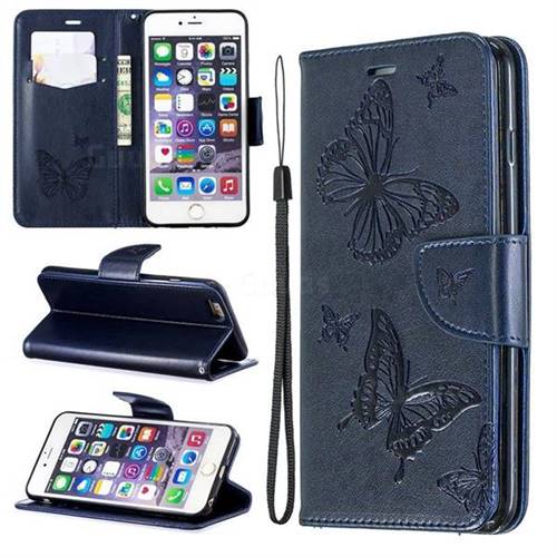 Embossing Double Butterfly Leather Wallet Case for iPhone 6s Plus / 6 Plus 6P(5.5 inch) - Dark Blue