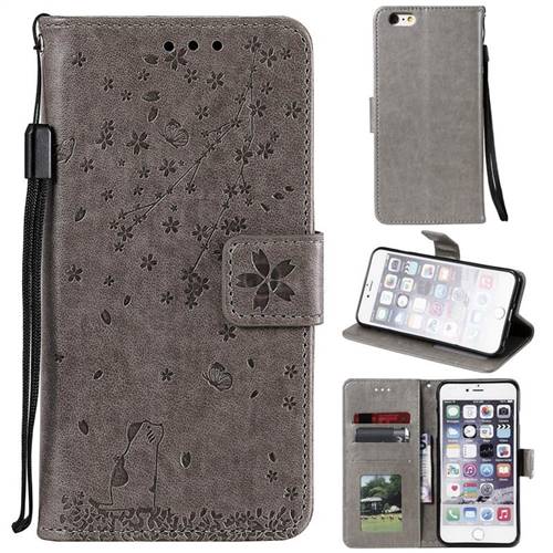 Embossing Cherry Blossom Cat Leather Wallet Case for iPhone 6s Plus / 6 Plus 6P(5.5 inch) - Gray
