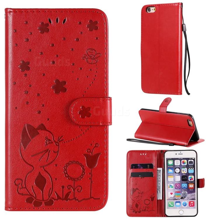 Embossing Bee and Cat Leather Wallet Case for iPhone 6s Plus / 6 Plus 6P(5.5 inch) - Red