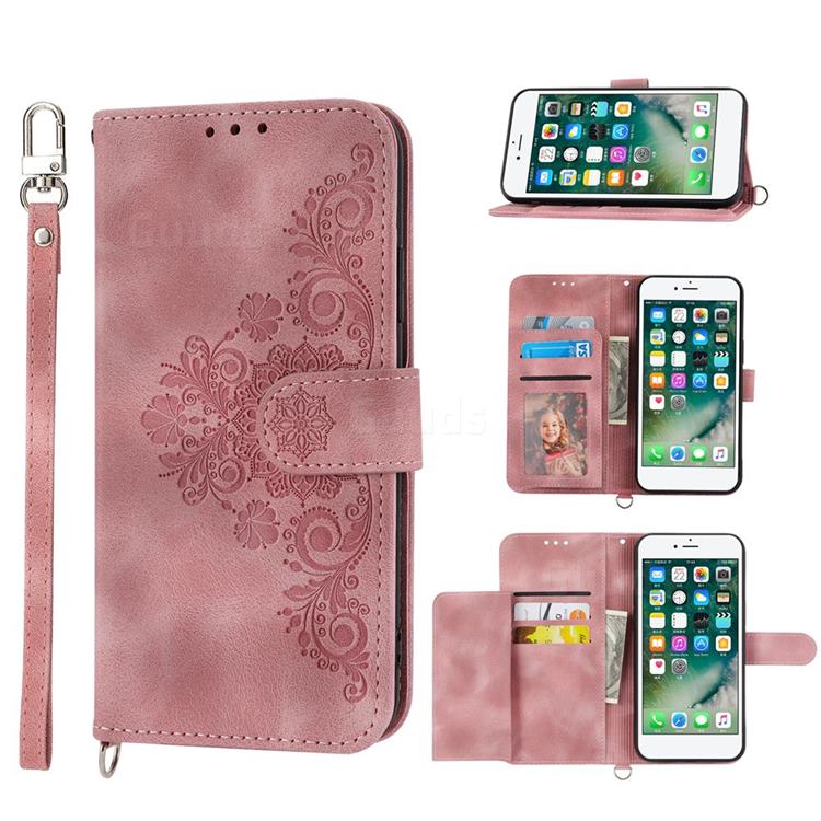 Skin Feel Embossed Lace Flower Multiple Card Slots Leather Wallet Phone Case for iPhone 6s Plus / 6 Plus 6P(5.5 inch) - Pink