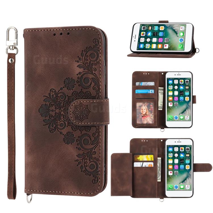 Skin Feel Embossed Lace Flower Multiple Card Slots Leather Wallet Phone Case for iPhone 6s Plus / 6 Plus 6P(5.5 inch) - Brown
