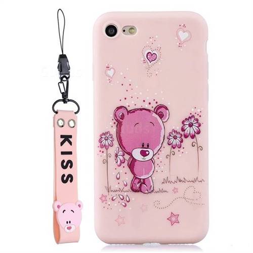 Pink Flower Bear Soft Kiss Candy Hand Strap Silicone Case for iPhone 8 / 7 (4.7 inch)