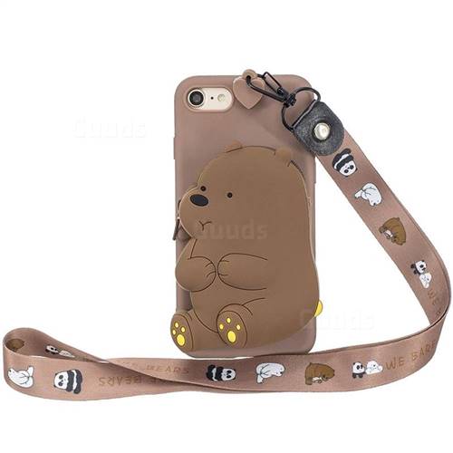 Brown Bear Neck Lanyard Zipper Wallet Silicone Case for iPhone 8 / 7 (4.7 inch)