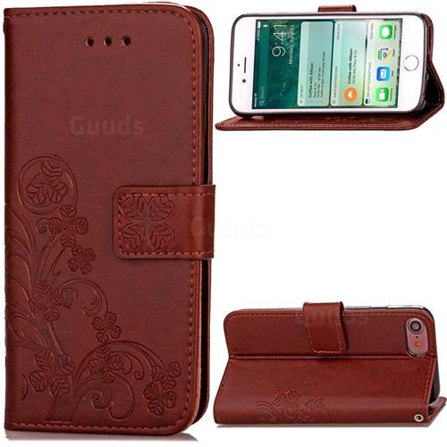 Embossing Imprint Four-Leaf Clover Leather Wallet Case for iPhone 8 / 7 8G 7G (4.7 inch) - Brown
