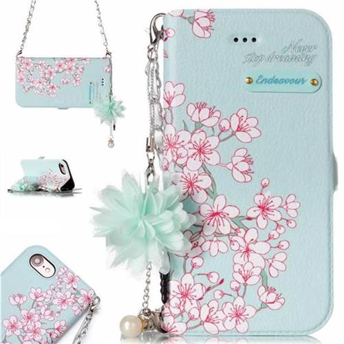 Cherry Blossoms Endeavour Florid Pearl Flower Pendant Metal Strap PU Leather Wallet Case for iPhone 8 / 7 (4.7 inch)