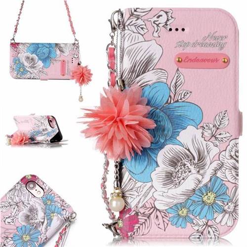 Pink Blue Rose Endeavour Florid Pearl Flower Pendant Metal Strap PU Leather Wallet Case for iPhone 8 / 7 (4.7 inch)