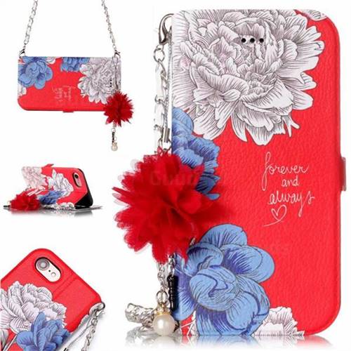 Red Chrysanthemum Endeavour Florid Pearl Flower Pendant Metal Strap PU Leather Wallet Case for iPhone 8 / 7 (4.7 inch)