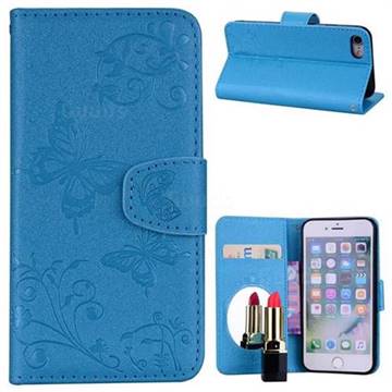 Embossing Butterfly Morning Glory Mirror Leather Wallet Case for iPhone 8 / 7 (4.7 inch) - Blue