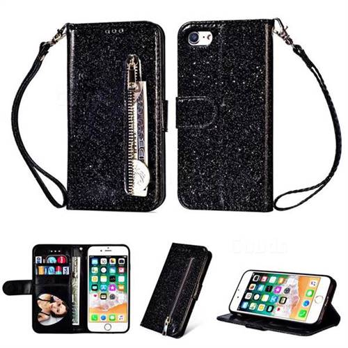Glitter Shine Leather Zipper Wallet Phone Case for iPhone 8 / 7 (4.7 inch) - Black