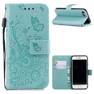 Intricate Embossing Butterfly Circle Leather Wallet Case for iPhone 8 / 7 (4.7 inch) - Cyan