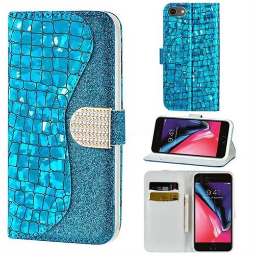Glitter Diamond Buckle Laser Stitching Leather Wallet Phone Case for iPhone 8 / 7 (4.7 inch) - Blue
