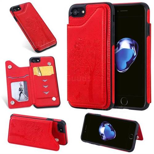 Luxury Tree and Cat Multifunction Magnetic Card Slots Stand Leather Phone Back Cover for iPhone 8 / 7 (4.7 inch) - Red