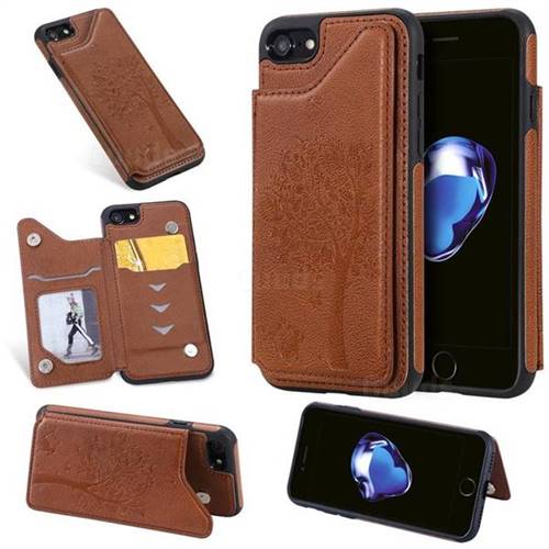 Luxury Tree and Cat Multifunction Magnetic Card Slots Stand Leather Phone Back Cover for iPhone 8 / 7 (4.7 inch) - Brown