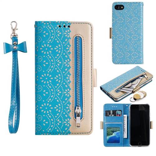 Luxury Lace Zipper Stitching Leather Phone Wallet Case for iPhone 8 / 7 (4.7 inch) - Blue