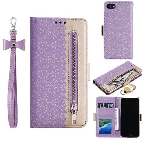 Luxury Lace Zipper Stitching Leather Phone Wallet Case for iPhone 8 / 7 (4.7 inch) - Purple