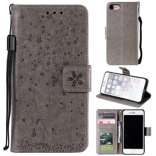 Embossing Cherry Blossom Cat Leather Wallet Case for iPhone 8 / 7 (4.7 inch) - Gray