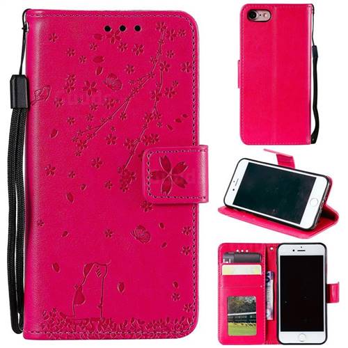 Embossing Cherry Blossom Cat Leather Wallet Case for iPhone 8 / 7 (4.7 inch) - Rose