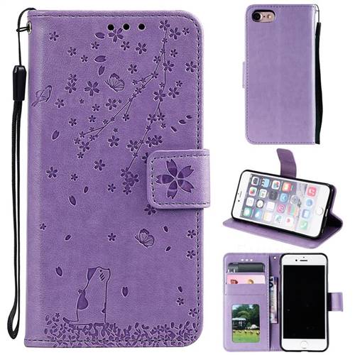 Embossing Cherry Blossom Cat Leather Wallet Case for iPhone 8 / 7 (4.7 inch) - Purple