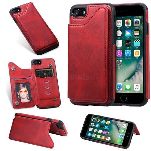 Luxury Multifunction Magnetic Card Slots Stand Calf Leather Phone Back Cover for iPhone 8 / 7 (4.7 inch) - Red