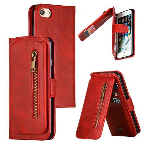Multifunction 9 Cards Leather Zipper Wallet Phone Case for iPhone 8 / 7 (4.7 inch) - Red