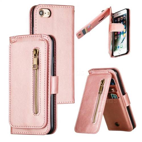 Multifunction 9 Cards Leather Zipper Wallet Phone Case for iPhone 8 / 7 (4.7 inch) - Rose Gold