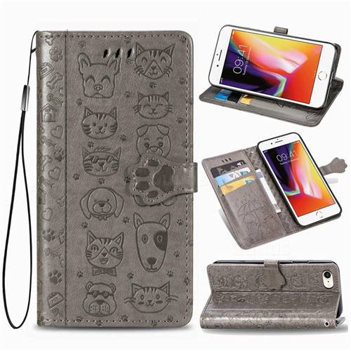 Embossing Dog Paw Kitten and Puppy Leather Wallet Case for iPhone 8 / 7 (4.7 inch) - Gray