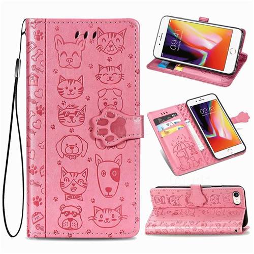 Embossing Dog Paw Kitten and Puppy Leather Wallet Case for iPhone 8 / 7 (4.7 inch) - Pink