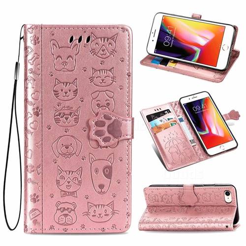 Embossing Dog Paw Kitten and Puppy Leather Wallet Case for iPhone 8 / 7 (4.7 inch) - Rose Gold