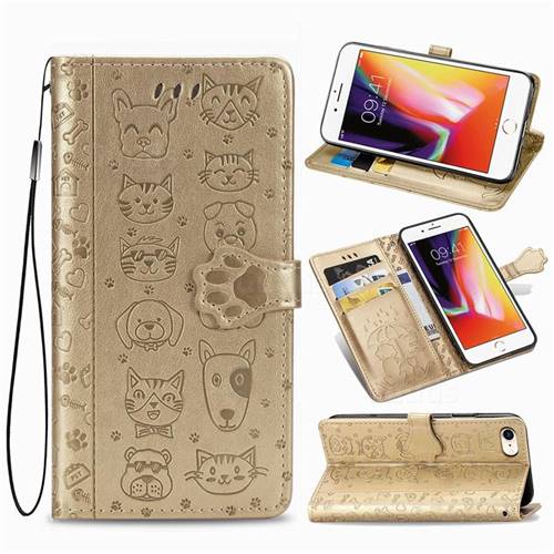 Embossing Dog Paw Kitten and Puppy Leather Wallet Case for iPhone 8 / 7 (4.7 inch) - Champagne Gold