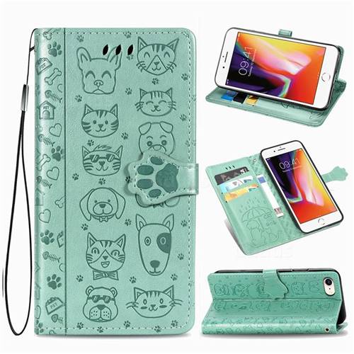 Embossing Dog Paw Kitten and Puppy Leather Wallet Case for iPhone 8 / 7 (4.7 inch) - Green