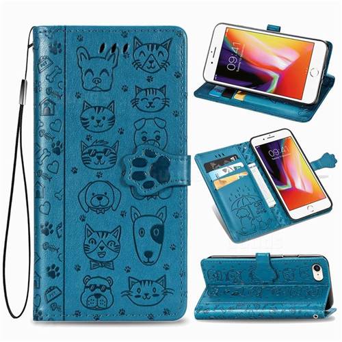 Embossing Dog Paw Kitten and Puppy Leather Wallet Case for iPhone 8 / 7 (4.7 inch) - Blue