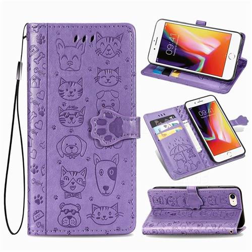 Embossing Dog Paw Kitten and Puppy Leather Wallet Case for iPhone 8 / 7 (4.7 inch) - Purple