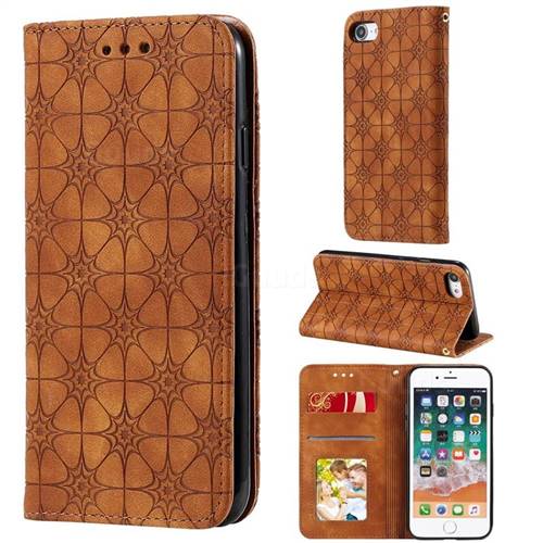 Intricate Embossing Four Leaf Clover Leather Wallet Case for iPhone 8 / 7 (4.7 inch) - Yellowish Brown