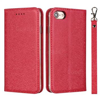 Ultra Slim Magnetic Automatic Suction Silk Lanyard Leather Flip Cover for iPhone 8 / 7 (4.7 inch) - Red