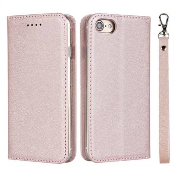 Ultra Slim Magnetic Automatic Suction Silk Lanyard Leather Flip Cover for iPhone 8 / 7 (4.7 inch) - Rose Gold