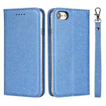 Ultra Slim Magnetic Automatic Suction Silk Lanyard Leather Flip Cover for iPhone 8 / 7 (4.7 inch) - Sky Blue