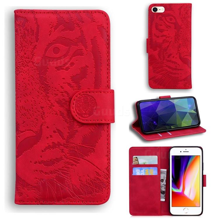 Intricate Embossing Tiger Face Leather Wallet Case for iPhone 8 / 7 (4.7 inch) - Red