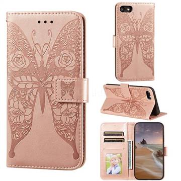 Intricate Embossing Rose Flower Butterfly Leather Wallet Case for iPhone 8 / 7 (4.7 inch) - Rose Gold