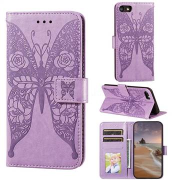 Intricate Embossing Rose Flower Butterfly Leather Wallet Case for iPhone 8 / 7 (4.7 inch) - Purple