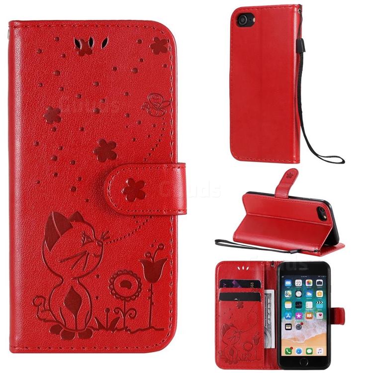 Embossing Bee and Cat Leather Wallet Case for iPhone 8 / 7 (4.7 inch) - Red