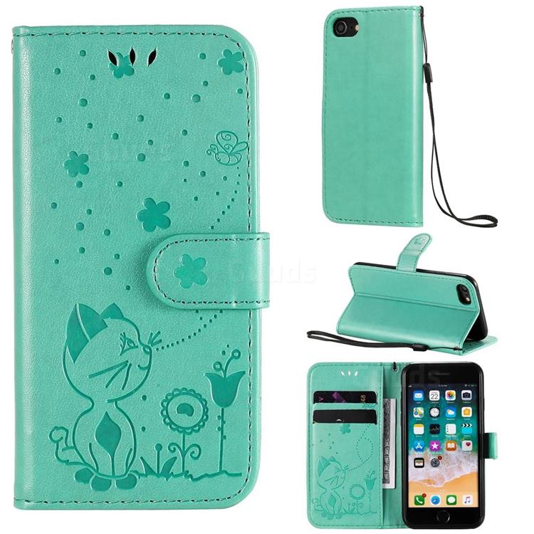 Embossing Bee and Cat Leather Wallet Case for iPhone 8 / 7 (4.7 inch) - Green