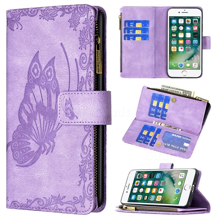 Binfen Color Imprint Vivid Butterfly Buckle Zipper Multi-function Leather Phone Wallet for iPhone 8 / 7 (4.7 inch) - Purple